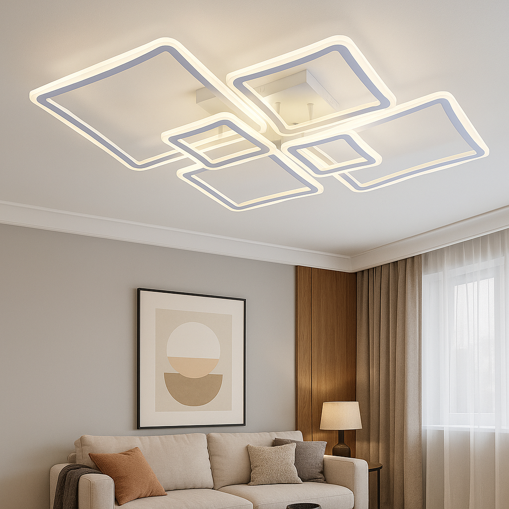 Lustră LED Albă 4+2 Brațe, 168W, Temperatură Reglabilă 3000–6500K, cu Telecomandă – Design Geometric Modern