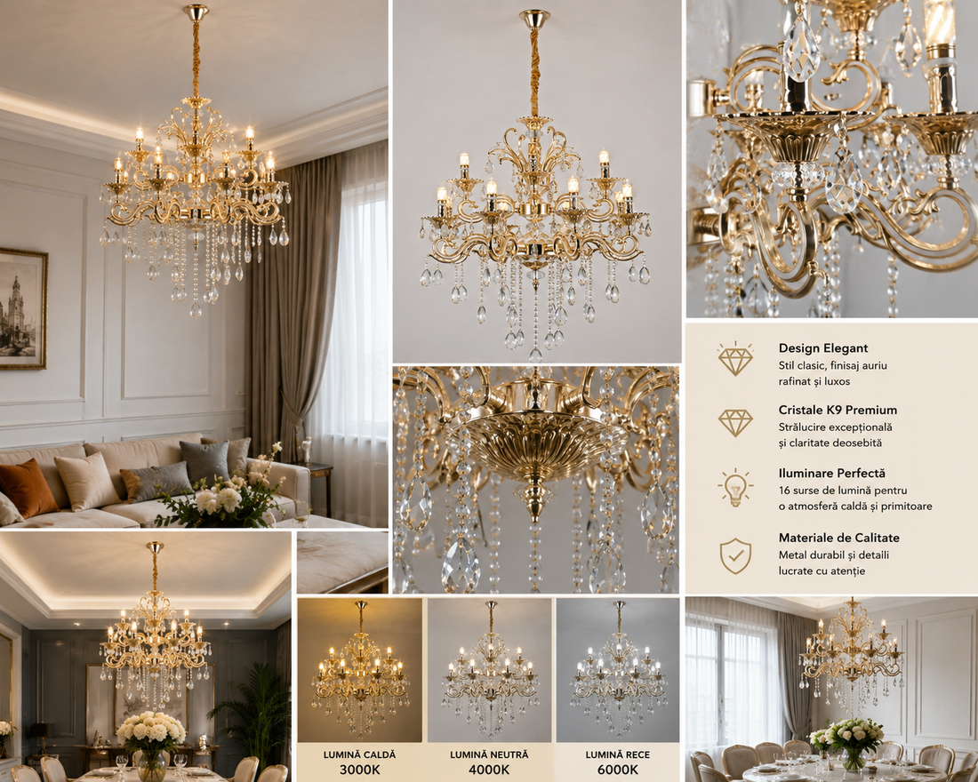 Candelabru clasic cu cristale, 8 brațe, Ø740×H980 mm, soclu E14, finisaj auriu lucios