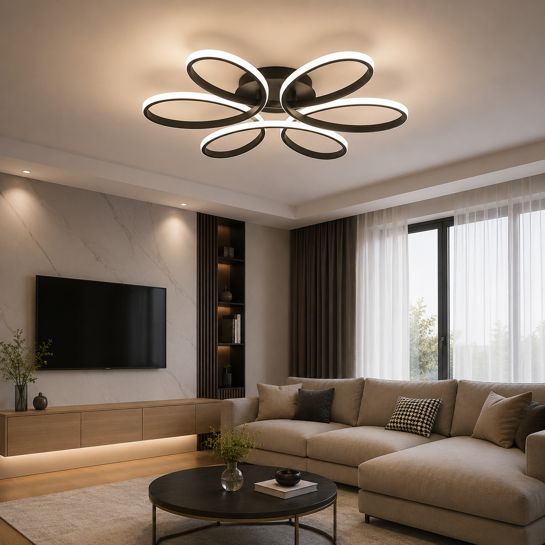 Lustra LED Modernă 120W cu Telecomandă, Temperatură Reglabilă 2800K–6500K, Design Floral Negru – Model 809 BK