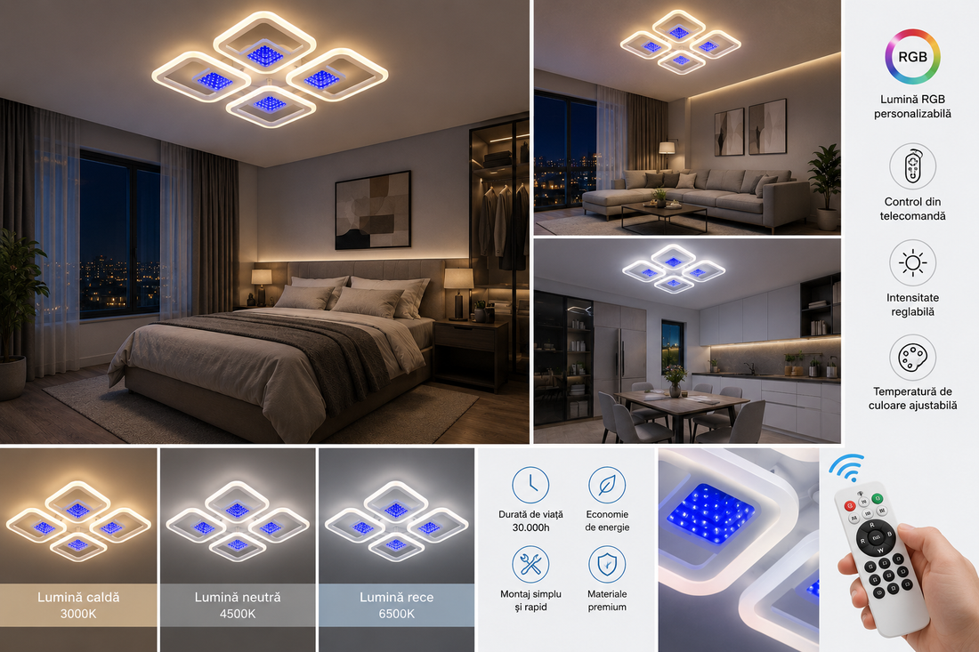 Lustra LED modernă cu telecomandă, 104 W, 490×490 mm, temperatură reglabilă 2800–6500 K – model SX8736/4