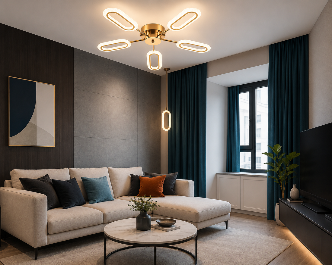 Lustră LED 5 Brațe cu Design Oval, 80W, Temperatură Reglabilă 3000–6500K, cu Telecomandă – Auriu & Cristal, Model L71236/5FGD