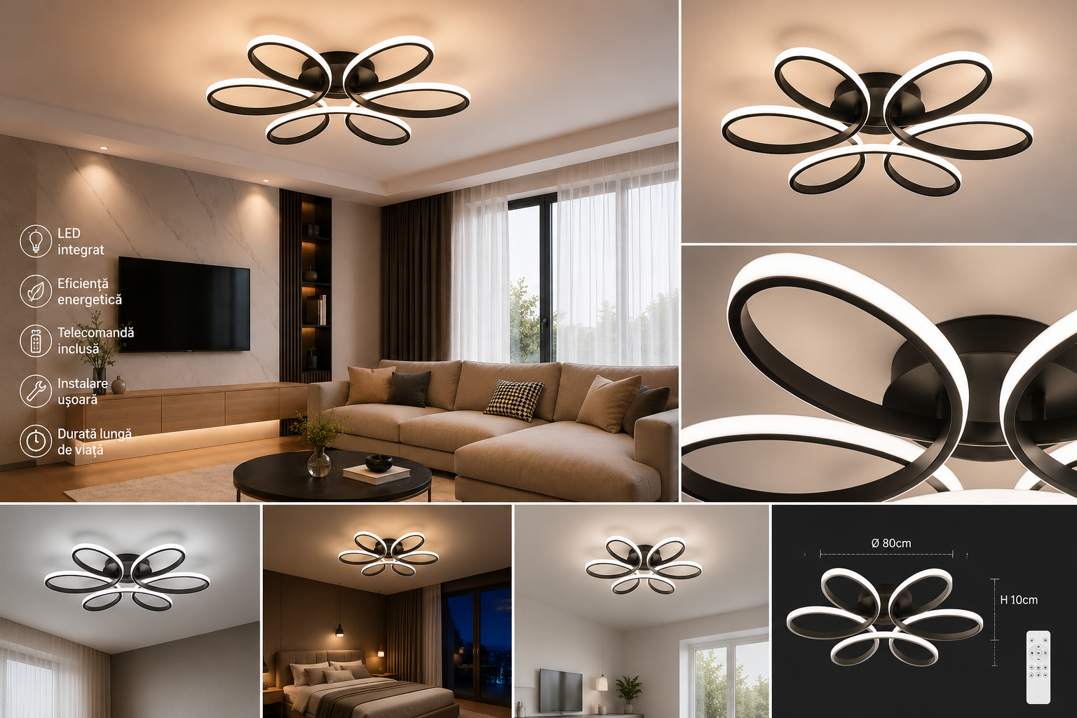 Lustra LED Modernă 120W cu Telecomandă, Temperatură Reglabilă 2800K–6500K, Design Floral Negru – Model 809 BK