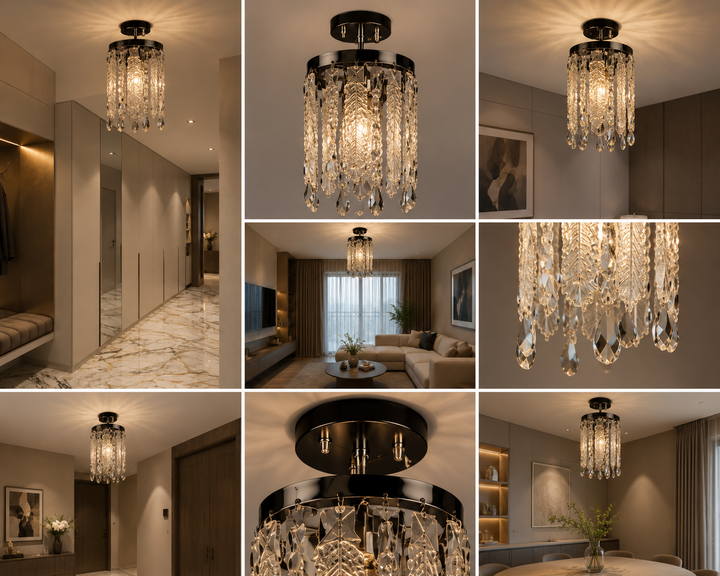 Pendul  decorativ cu cristale, 1 bec E27, 160×160×700 mm, montaj aplicat, finisaj auriu lucios