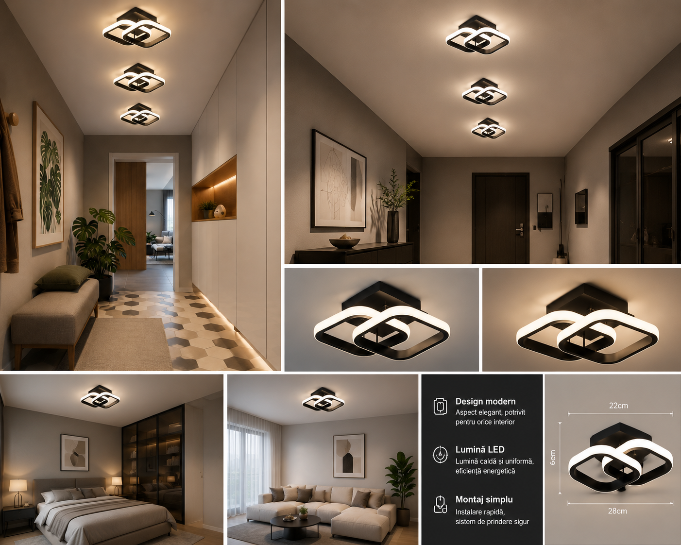 Aplica LED Neagră SX7139 BK, 36W, 2800–6500K, 20x24cm