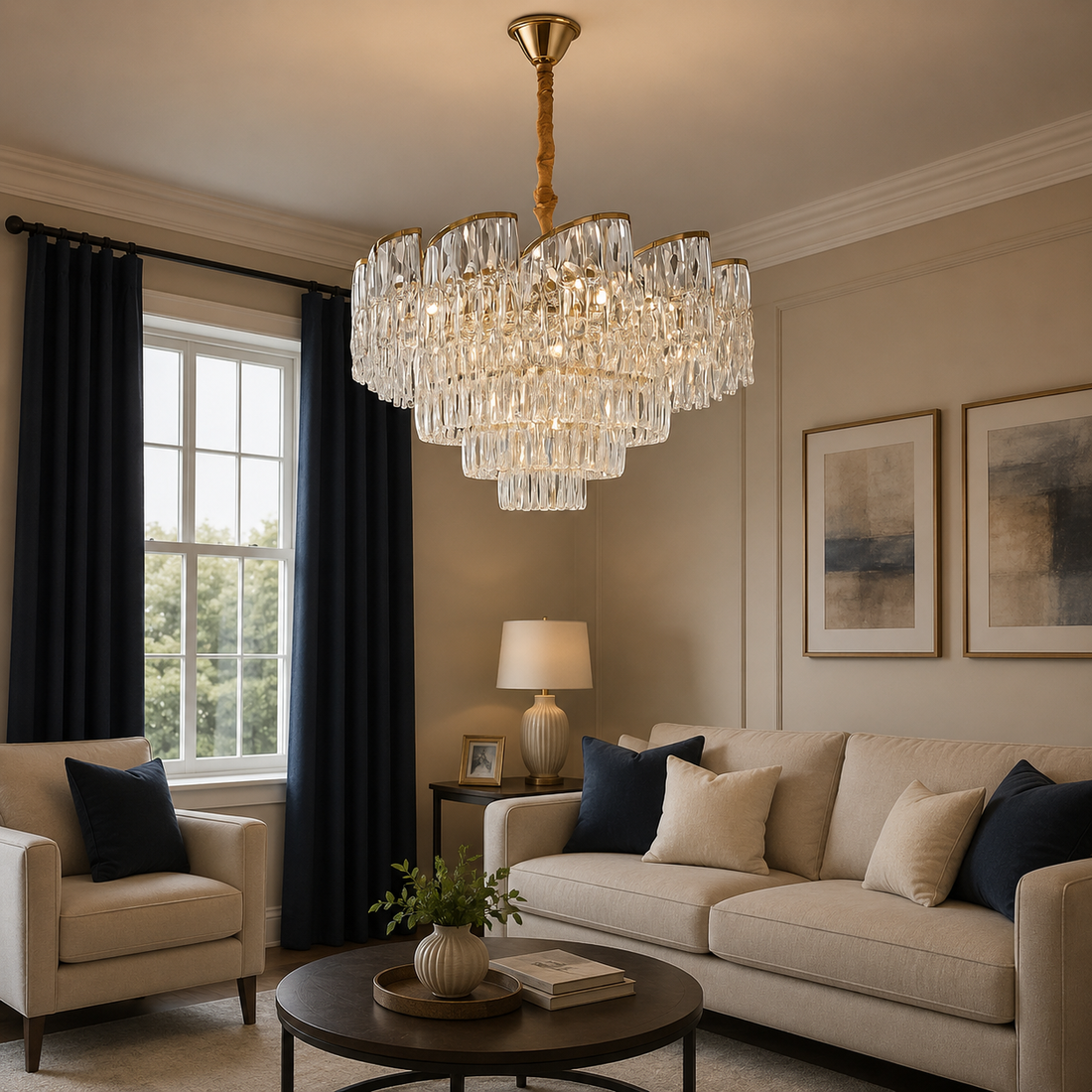 Candelabru cu cristale, 10 becuri E27, Ø580×H380 mm, finisaj auriu, design stratificat tip cascadă