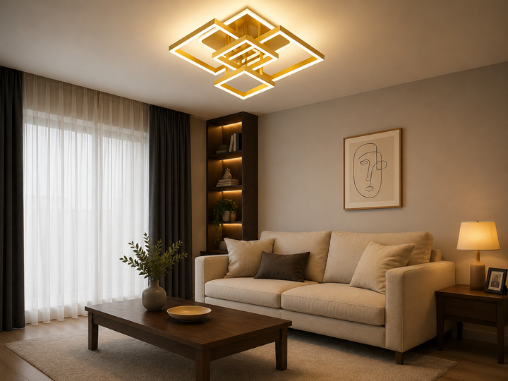 Lustra LED dreptunghiulara cu telecomanda, 2x99W, lumină reglabila 3000K–6500K, 700×470×200 mm, Auriu
