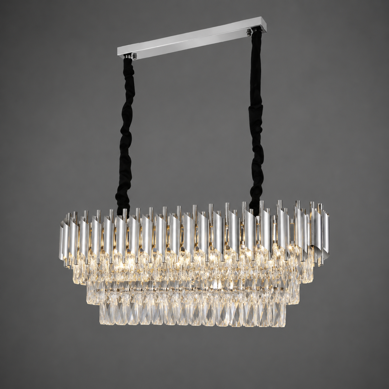 Candelabru rectangular 9001/800+300 CH, 8 x E27, dimensiuni 80×30 cm, finisaj argintiu și cristale
