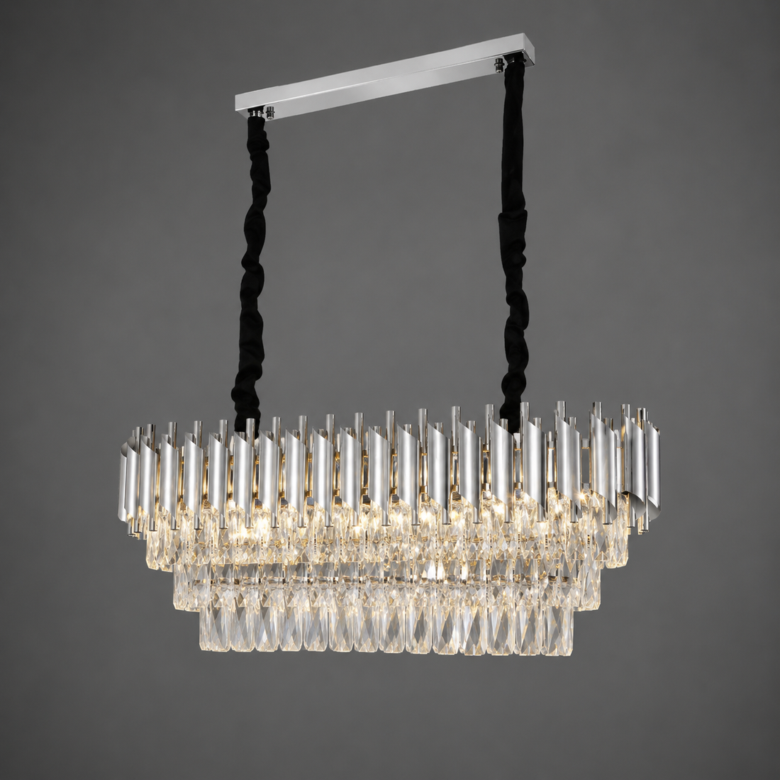 Candelabru rectangular 9001/800+300 CH, 8 x E27, dimensiuni 80×30 cm, finisaj argintiu și cristale
