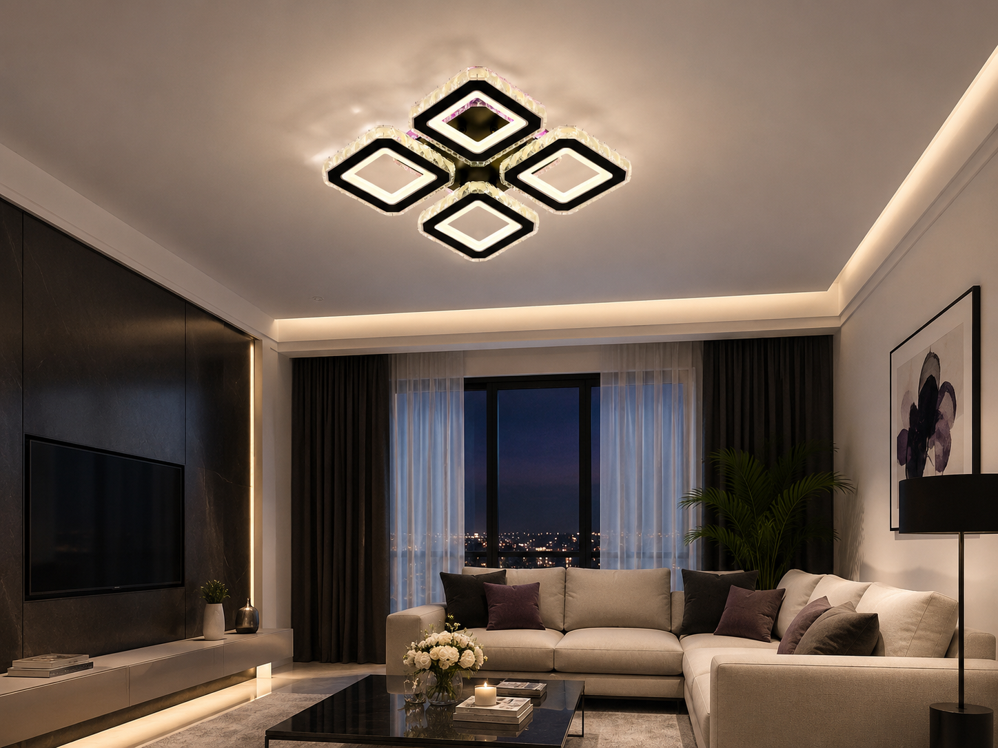 Lustra LED cu design geometric patrat, negru si crom – L7965/4CZ BK+CR