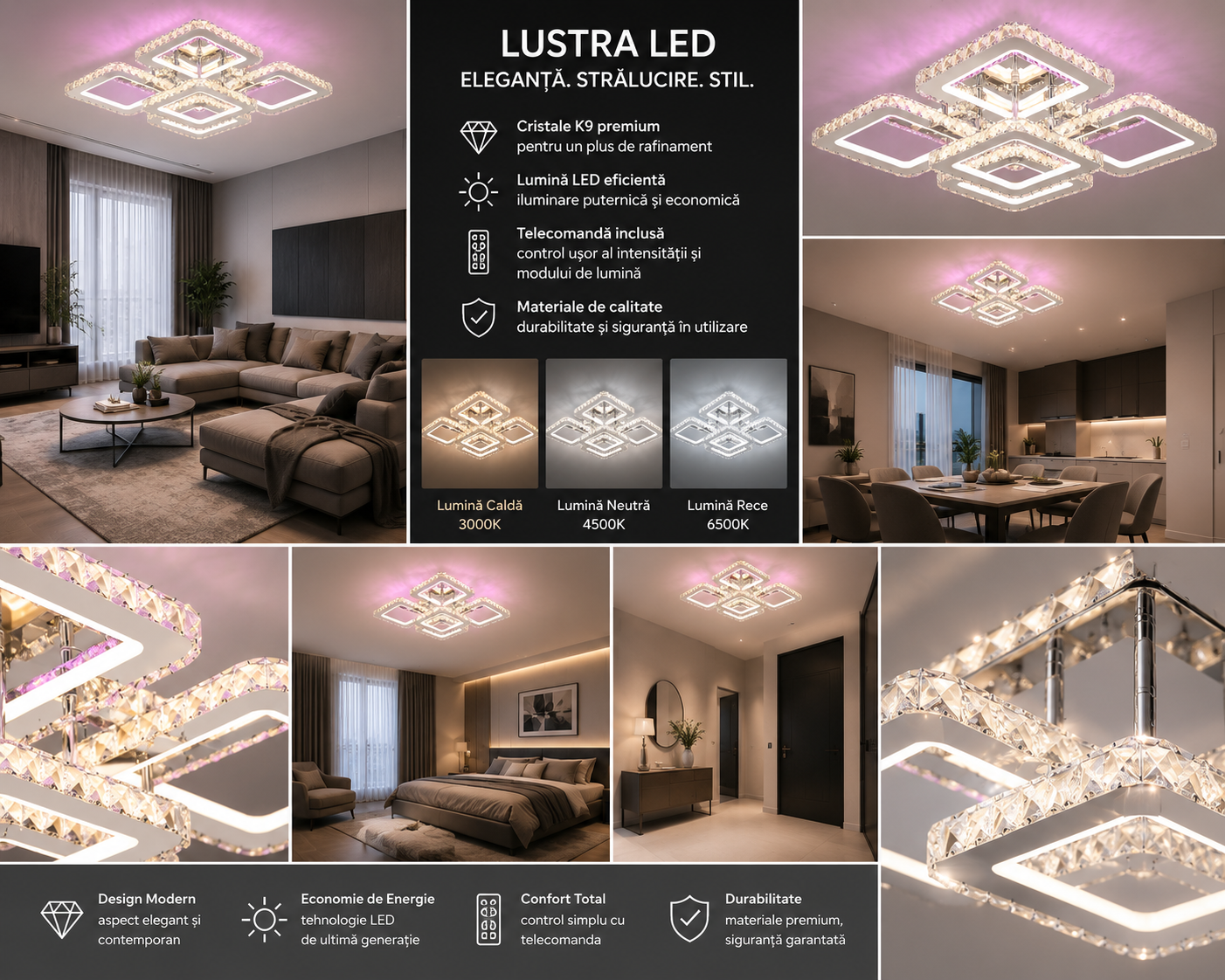 Lustra LED Eleganta, 2886-4+1 – Design Geometric cu Lumină Puternică și Telecomandă 2.4G