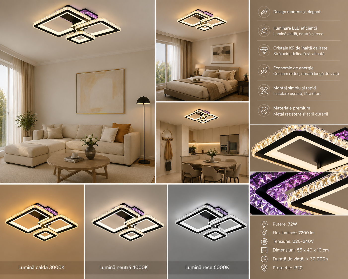 Lustra LED cu design patrat modern, finisaj negru si crom – L7965/3CZ BK+CR