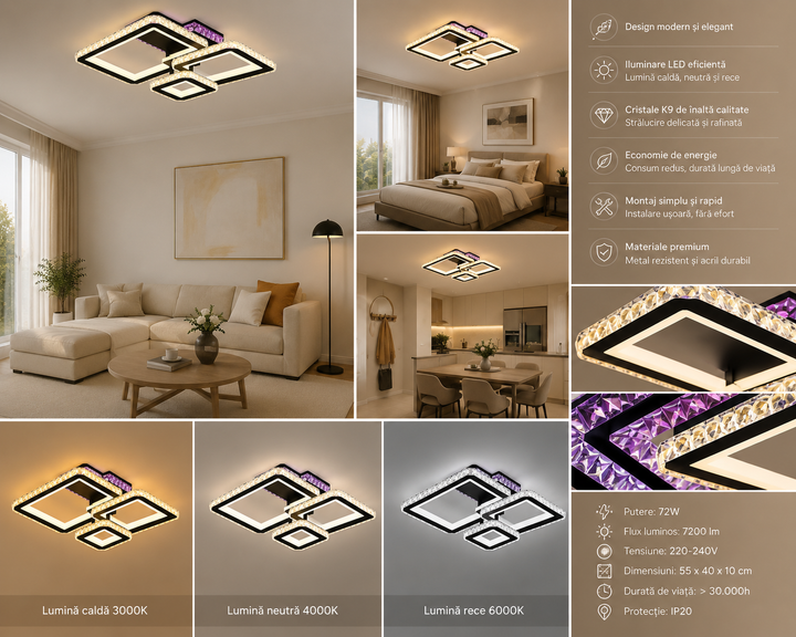 Lustra LED cu design patrat modern, finisaj negru si crom – L7965/3CZ BK+CR