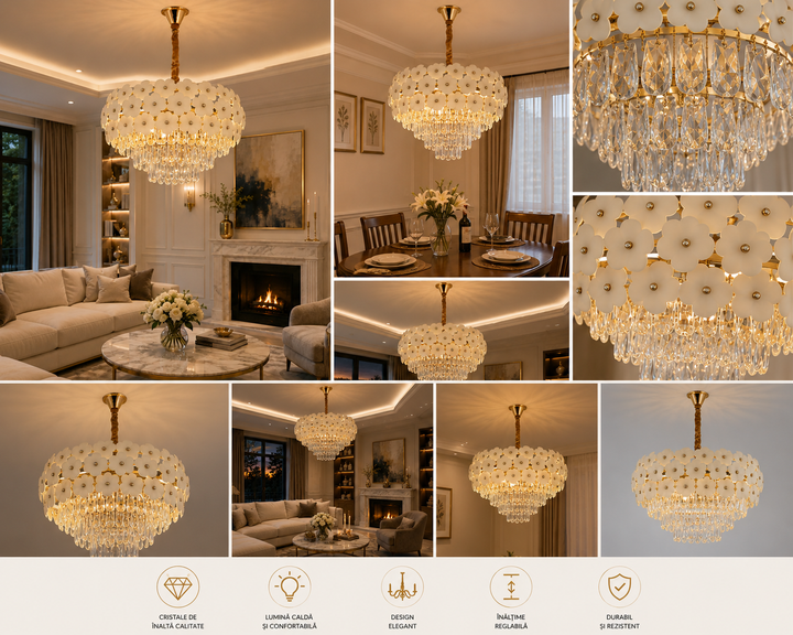 Candelabru elegant cu flori decorative, 10 becuri E27, Ø600×H320 mm – model 70057/600 FGD