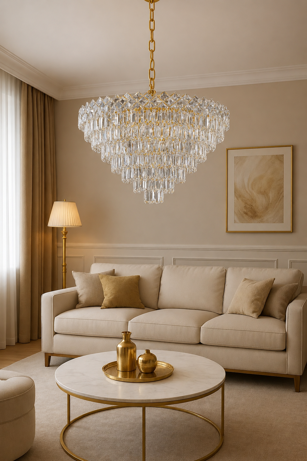 CANDELABRU AURIU CU CRISTALE – 8650/500 | Ø50 CM, 7X E27, ELEGANȚĂ ȘI RAFINAMENT