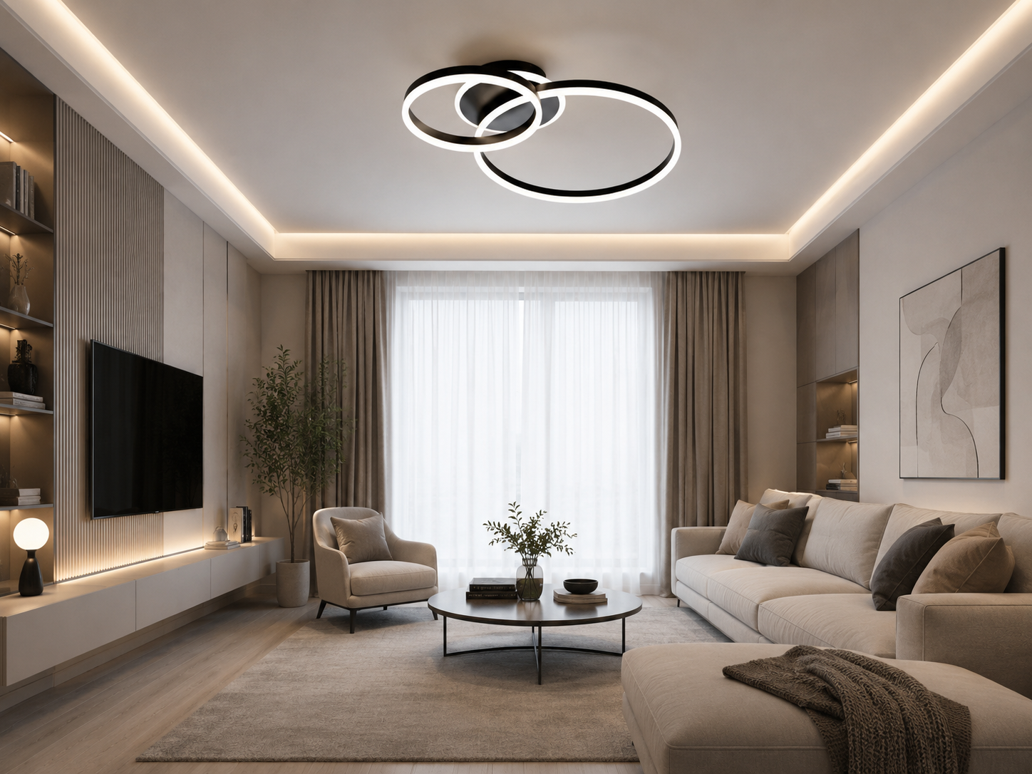 Lustră LED modernă cu inele negre, 2x61W, 715×500×105 mm, lumină reglabilă 3000K–6500K, telecomandă inclusă A10/2 500+300BK
