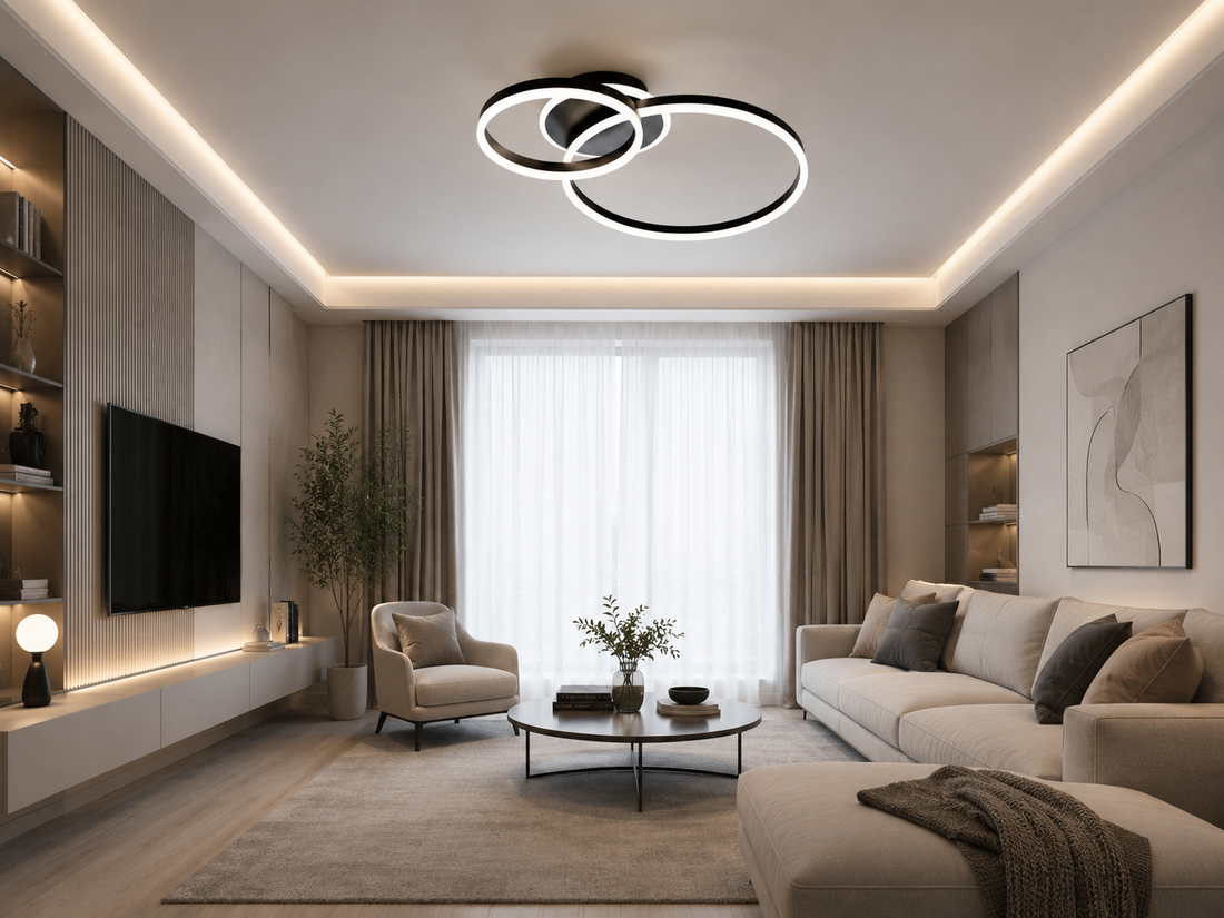 Lustră LED modernă cu inele negre, 2x61W, 715×500×105 mm, lumină reglabilă 3000K–6500K, telecomandă inclusă A10/2 500+300BK