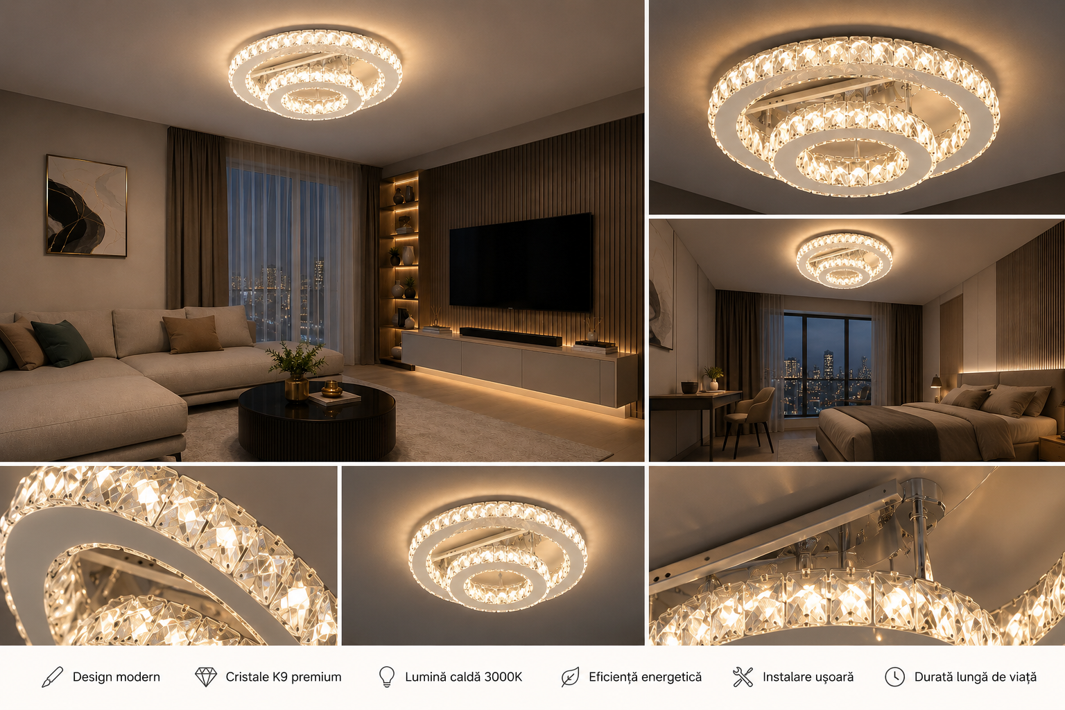 Lustră LED dublă 66W cu cristale și telecomandă, finisaj cromat, 3000–6500K – 78001/1+1CR