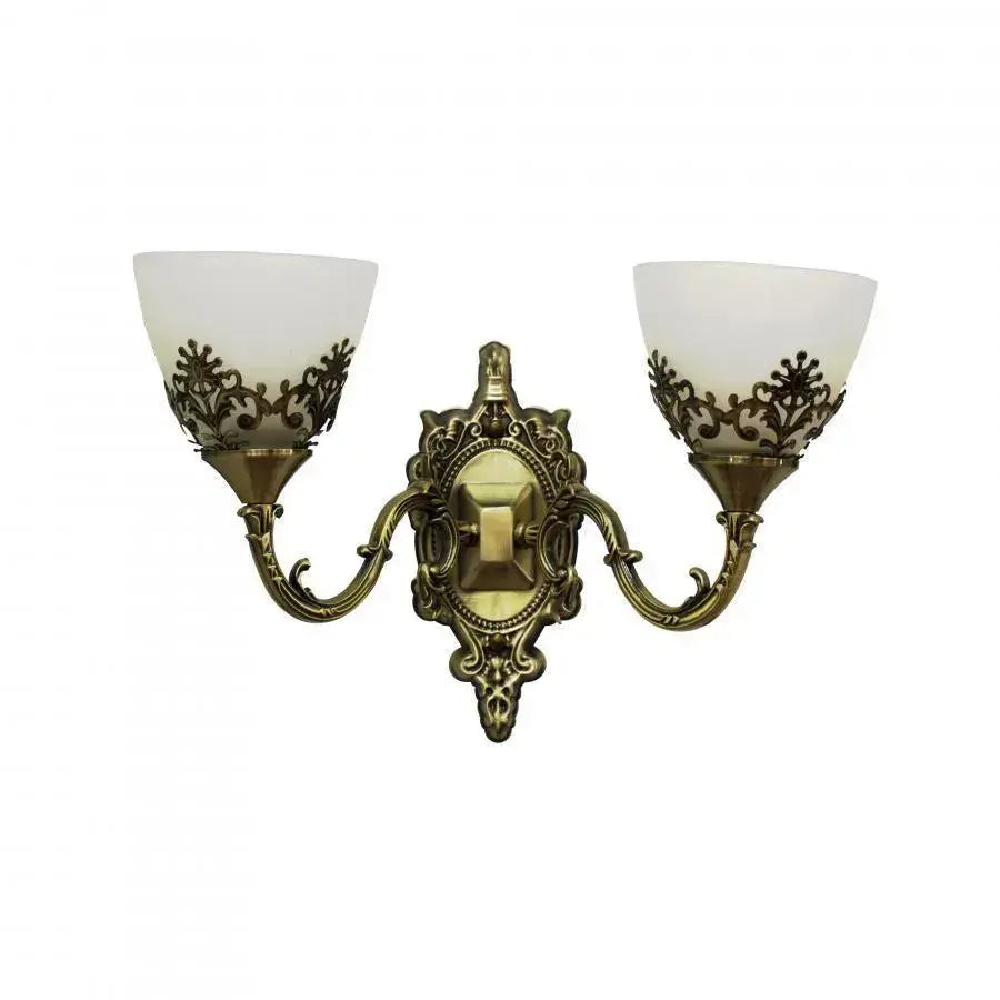 Aplica de perete dublă, stil vintage, 2 becuri E27, L420×220×230 mm, finisaj bronz antichizat (AB), design ornamental clasic