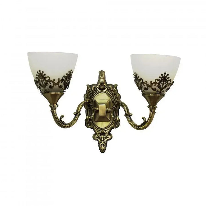 Aplica de perete dublă, stil vintage, 2 becuri E27, L420×220×230 mm, finisaj bronz antichizat (AB), design ornamental clasic