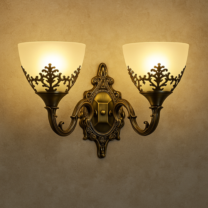 Aplica de perete dublă, stil vintage, 2 becuri E27, L420×220×230 mm, finisaj bronz antichizat (AB), design ornamental clasic