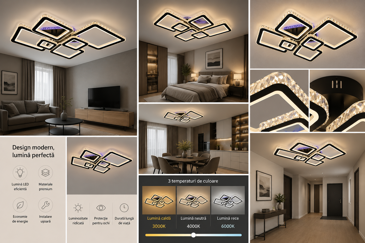 Lustră LED cu telecomandă, 288W, lumină reglabilă 3000K–6500K, 880×610×160 mm, design modern pentru spații mari