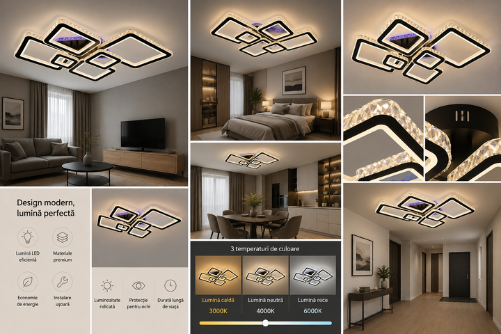 Lustră LED cu telecomandă, 288W, lumină reglabilă 3000K–6500K, 880×610×160 mm, design modern pentru spații mari