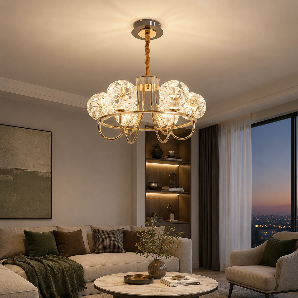 Candelabru Modern Auriu cu 6 Globuri – LED 96W, L70 cm, Stil Elegant și Luminos