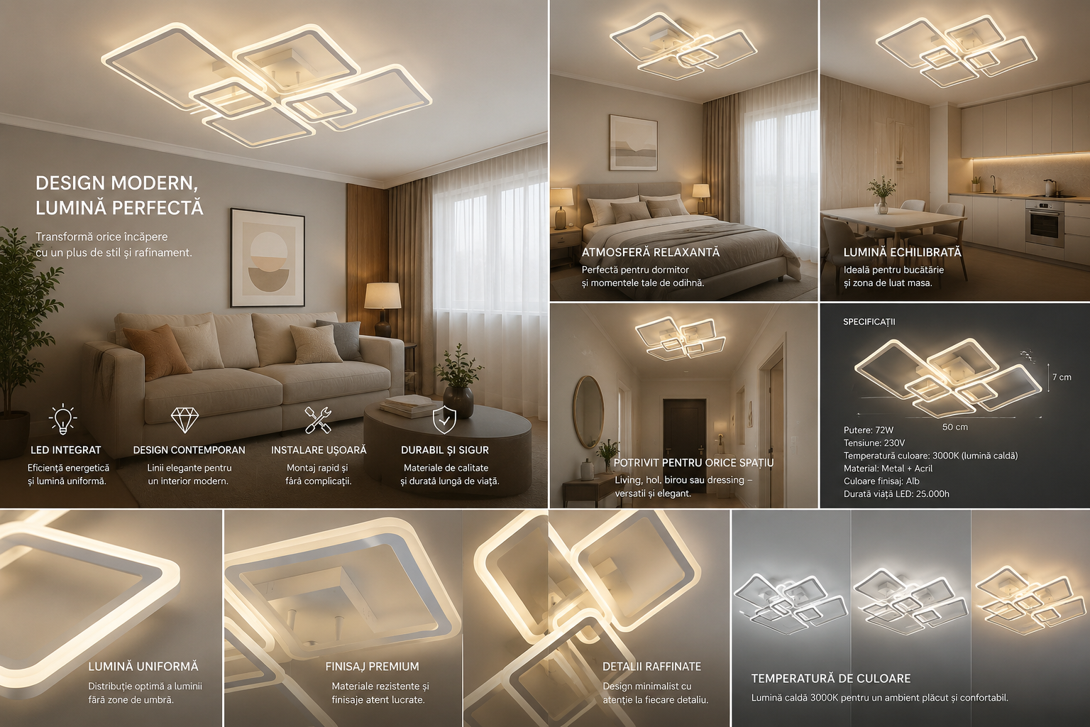 Lustră LED Albă 4+2 Brațe, 168W, Temperatură Reglabilă 3000–6500K, cu Telecomandă – Design Geometric Modern