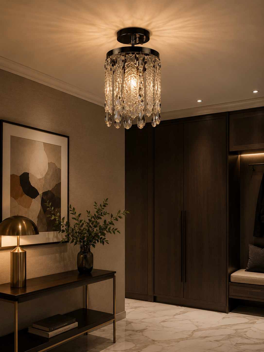 Pendul  decorativ cu cristale, 1 bec E27, 160×160×700 mm, montaj aplicat, finisaj auriu lucios