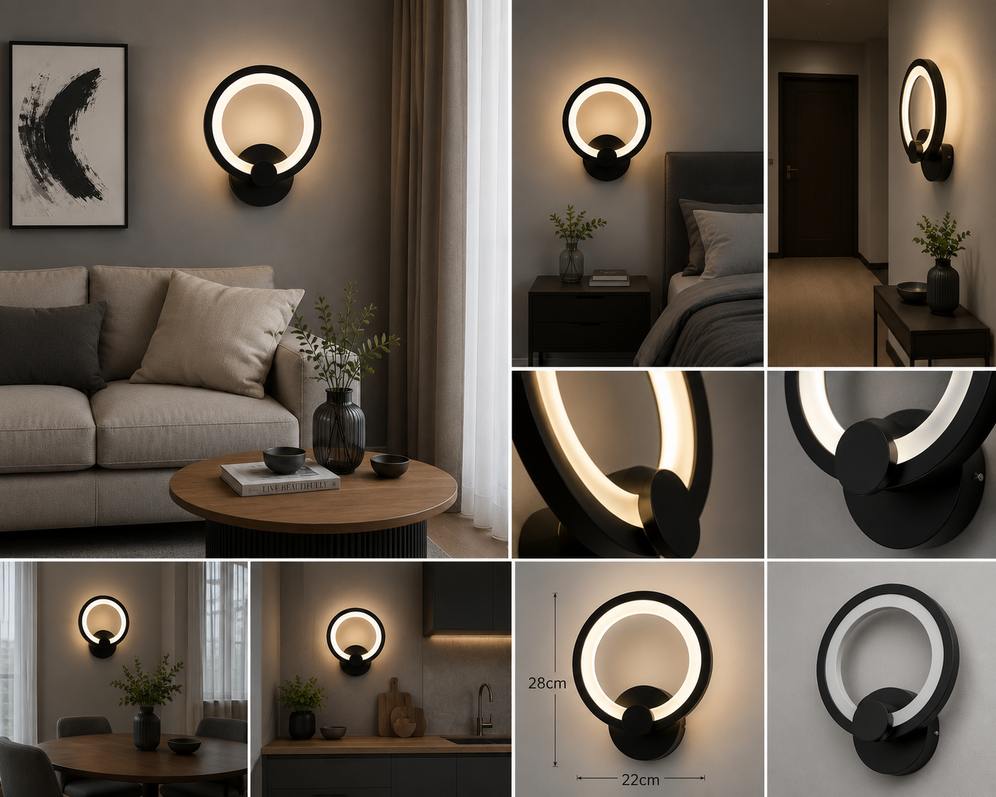 Aplica LED Neagră 8067/1BK – Design Modern Circular, 22W, Alb Calda-Neutra-Rece
