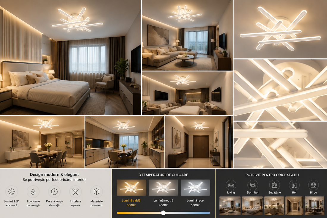 Lustra LED cu brate suprapuse, alba, 216W, Ø795×H160 mm, lumina reglabila 3000K–6500K, telecomanda inclusa