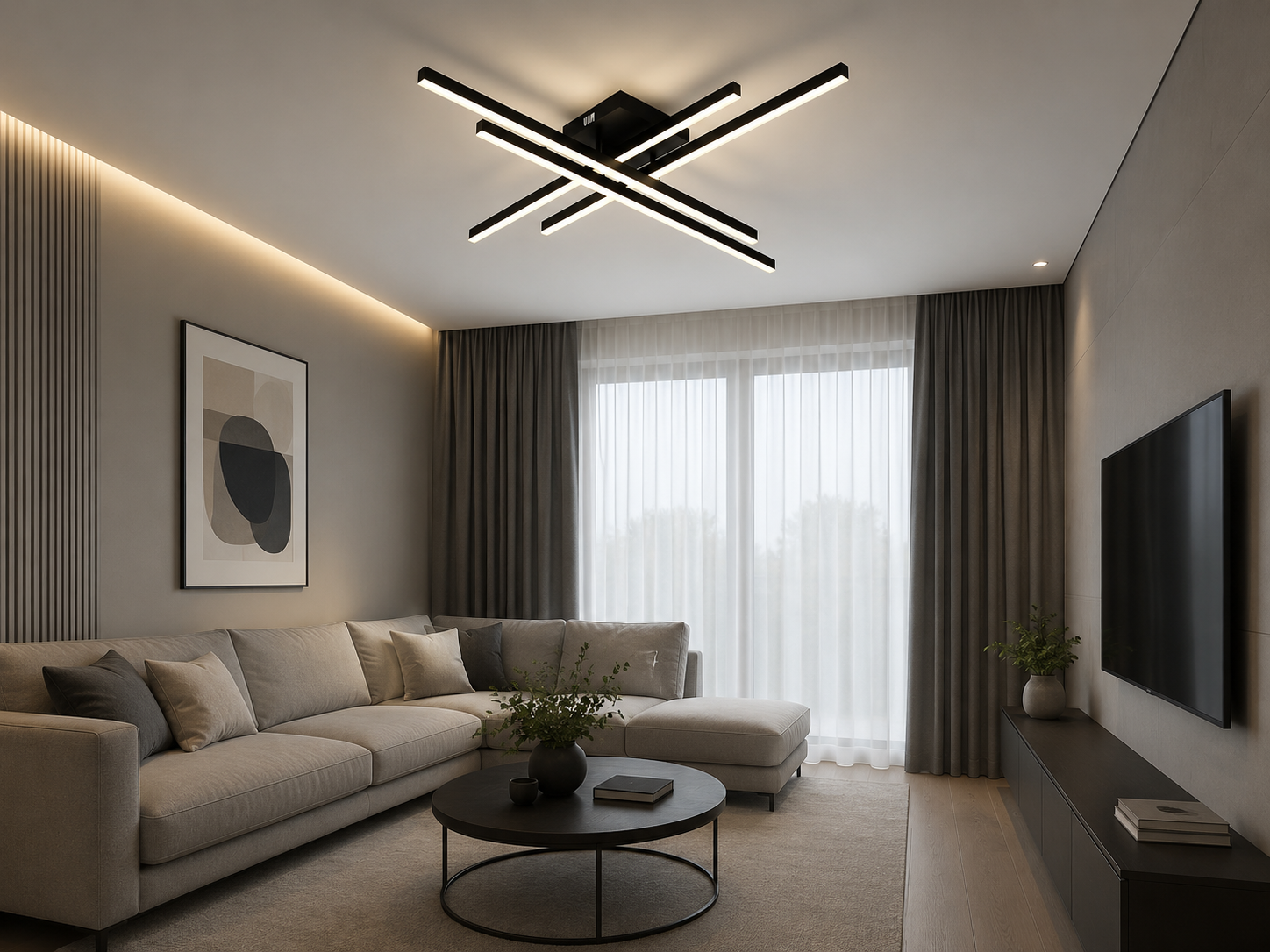 Lustră LED tavan modernă 9794/4BK, 112W, 850×850 mm, lumină reglabilă 3000–6500K, cu telecomandă