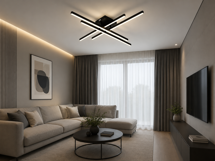 Lustră LED tavan modernă 9794/4BK, 112W, 850×850 mm, lumină reglabilă 3000–6500K, cu telecomandă