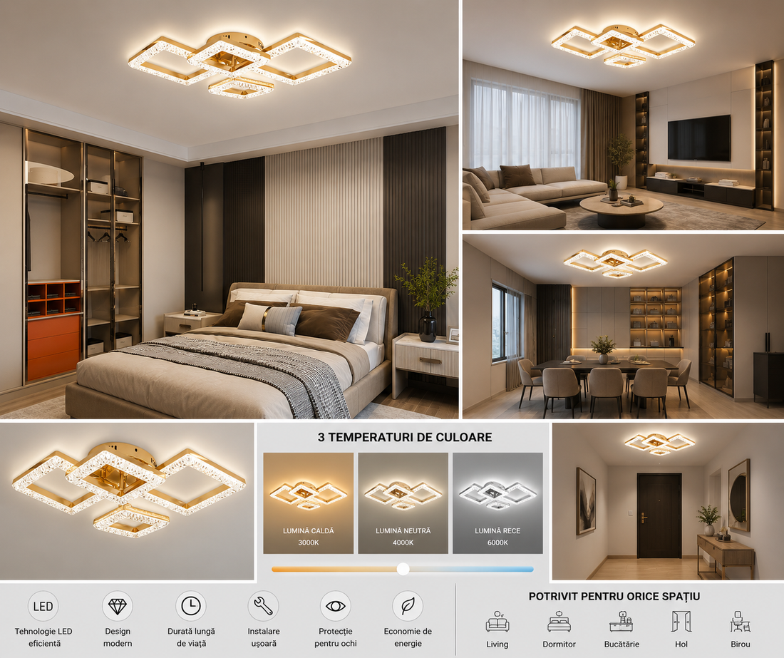 Lustra LED modernă T8001/2+2 FG cu telecomandă, 120W, lumină reglabilă 3300K-6500K