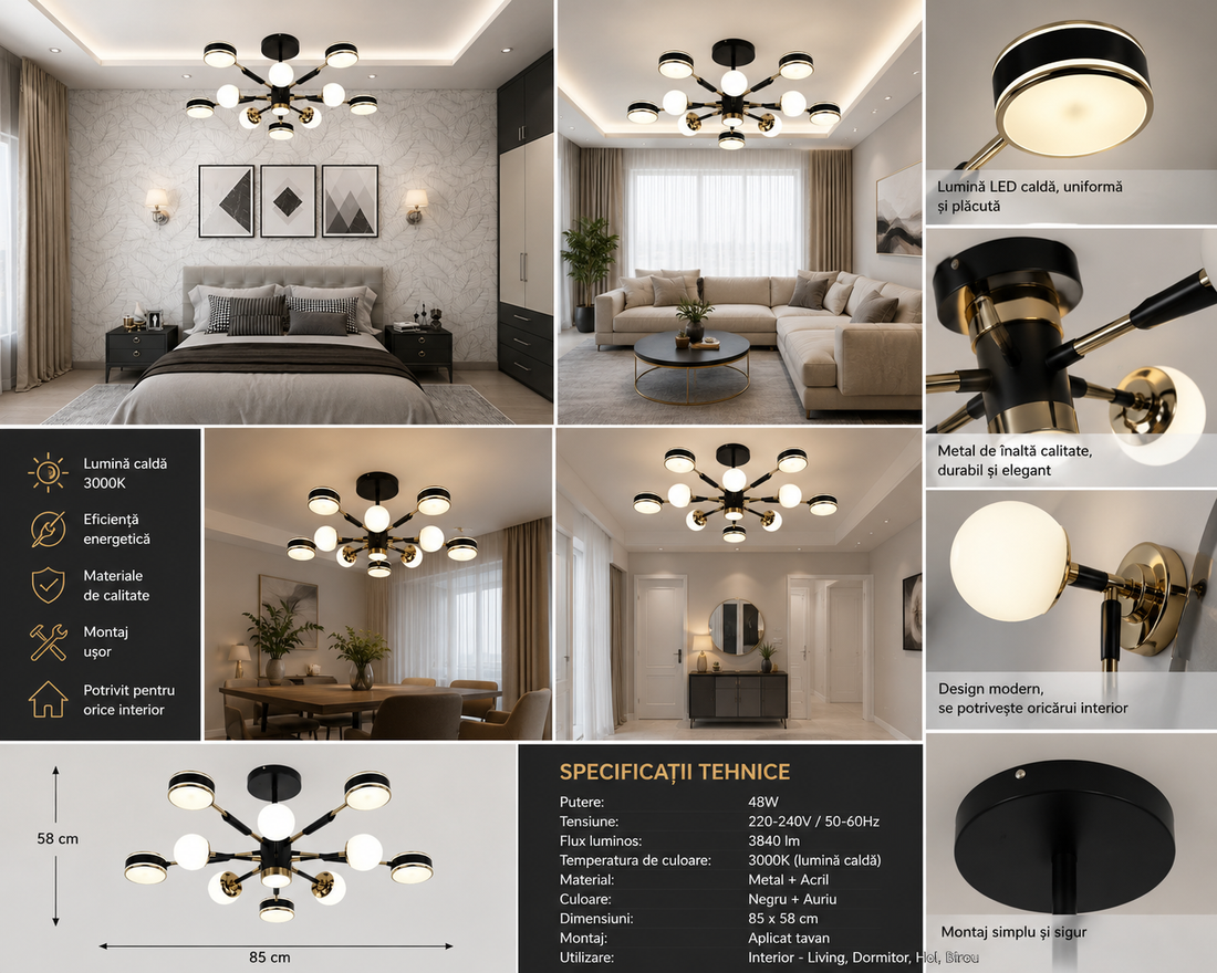 Lustra LED 77108/5+5+1BK, 130W, telecomandă, lumină reglabilă 3000K-6500K