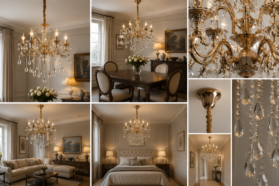 Candelabru clasic cu cristale, 6 brațe, Ø680×H940 mm, soclu E14, finisaj auriu lucios