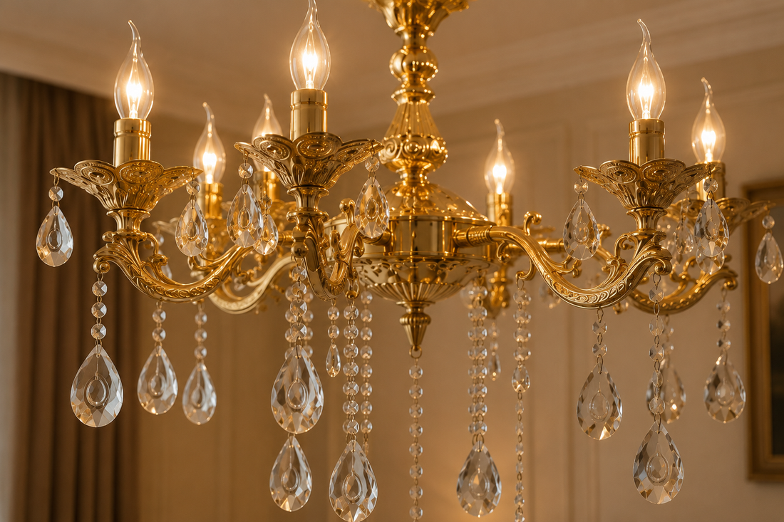 Candelabru clasic cu cristale, 8 brațe, Ø740×H980 mm, soclu E14, finisaj auriu lucios