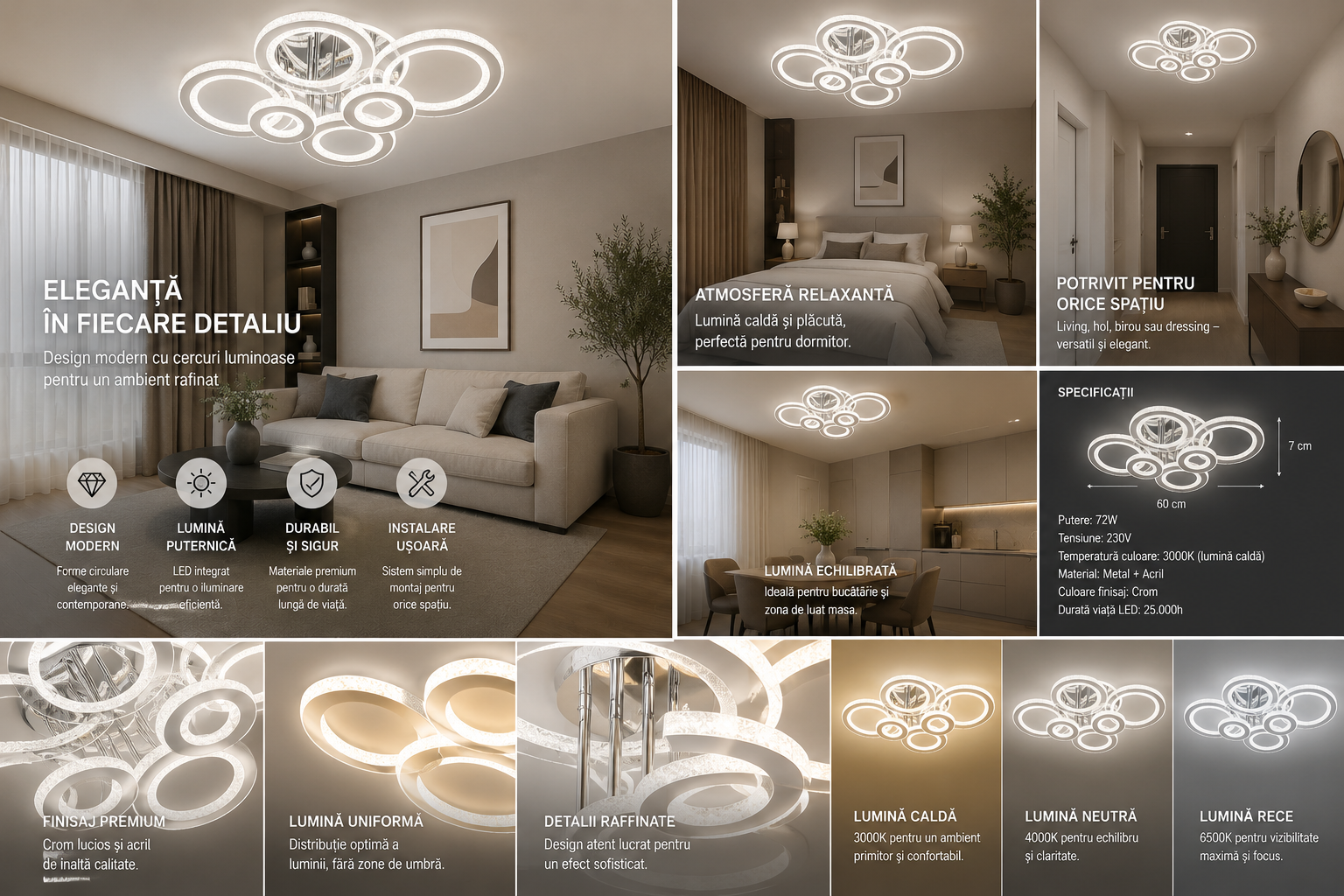 Lustră LED Modernă cu 6 Inele, 148W, Crom Lucios, Temperatură Reglabilă 3000–6500K, cu Telecomandă – Design Cristal