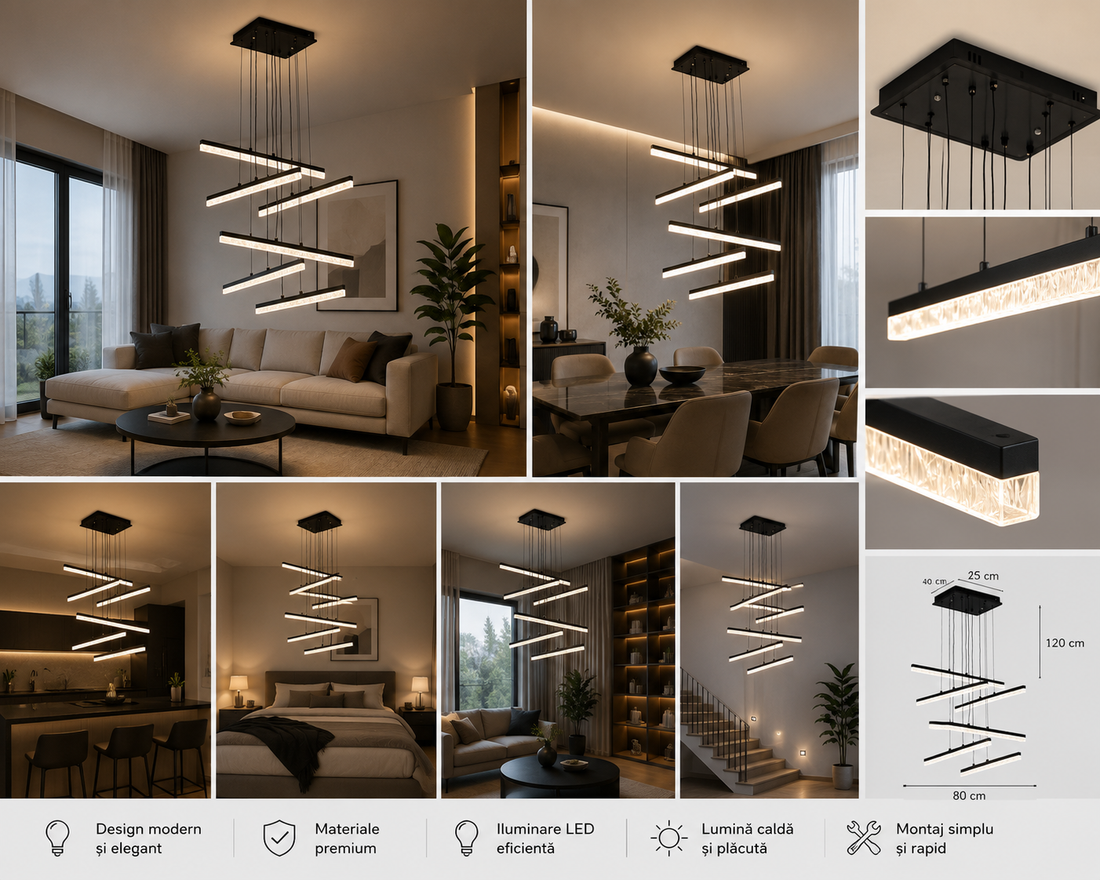Pendul LED modern, 2000×600×600 mm, 144W, telecomandă, 2819/6 BK