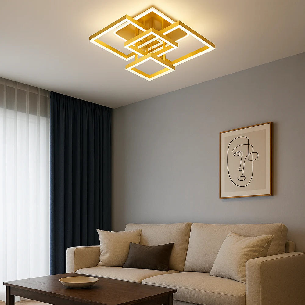 Lustra LED dreptunghiulara cu telecomanda, 2x99W, lumină reglabila 3000K–6500K, 700×470×200 mm, Auriu