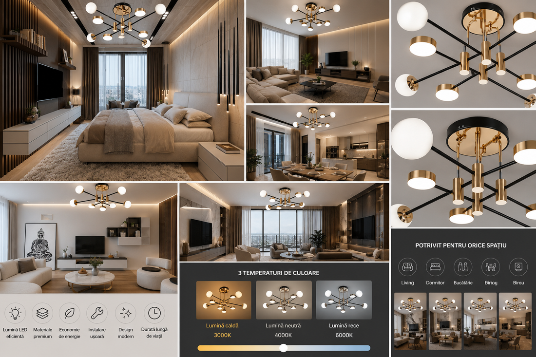 Lustra LED cu telecomanda, accente aurii și globuri opal, 3000K–6500K, Ø1050×H280 mm