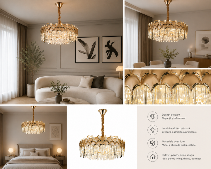 Candelabru Ø580×H285 mm, LED 244W, cristale lungi și structură aurie pentru spații premium 98093/600