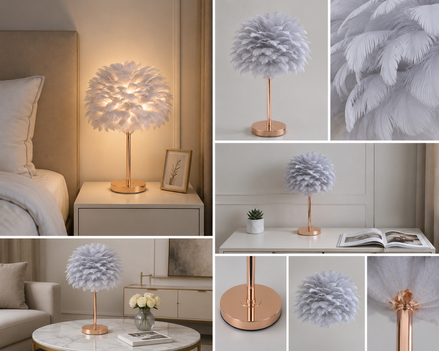 Veioza Decorativa cu Pene Gri și Baza Aurie, E27, 8736GRI