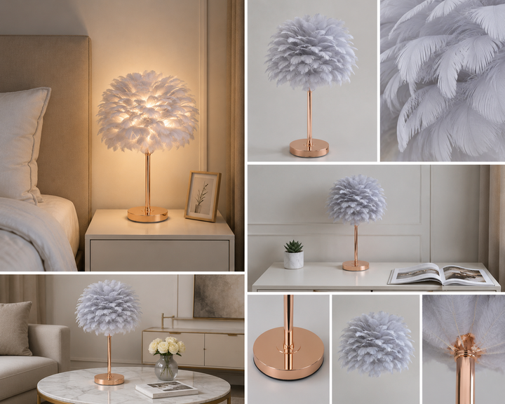 Veioza Decorativa cu Pene Gri și Baza Aurie, E27, 8736GRI