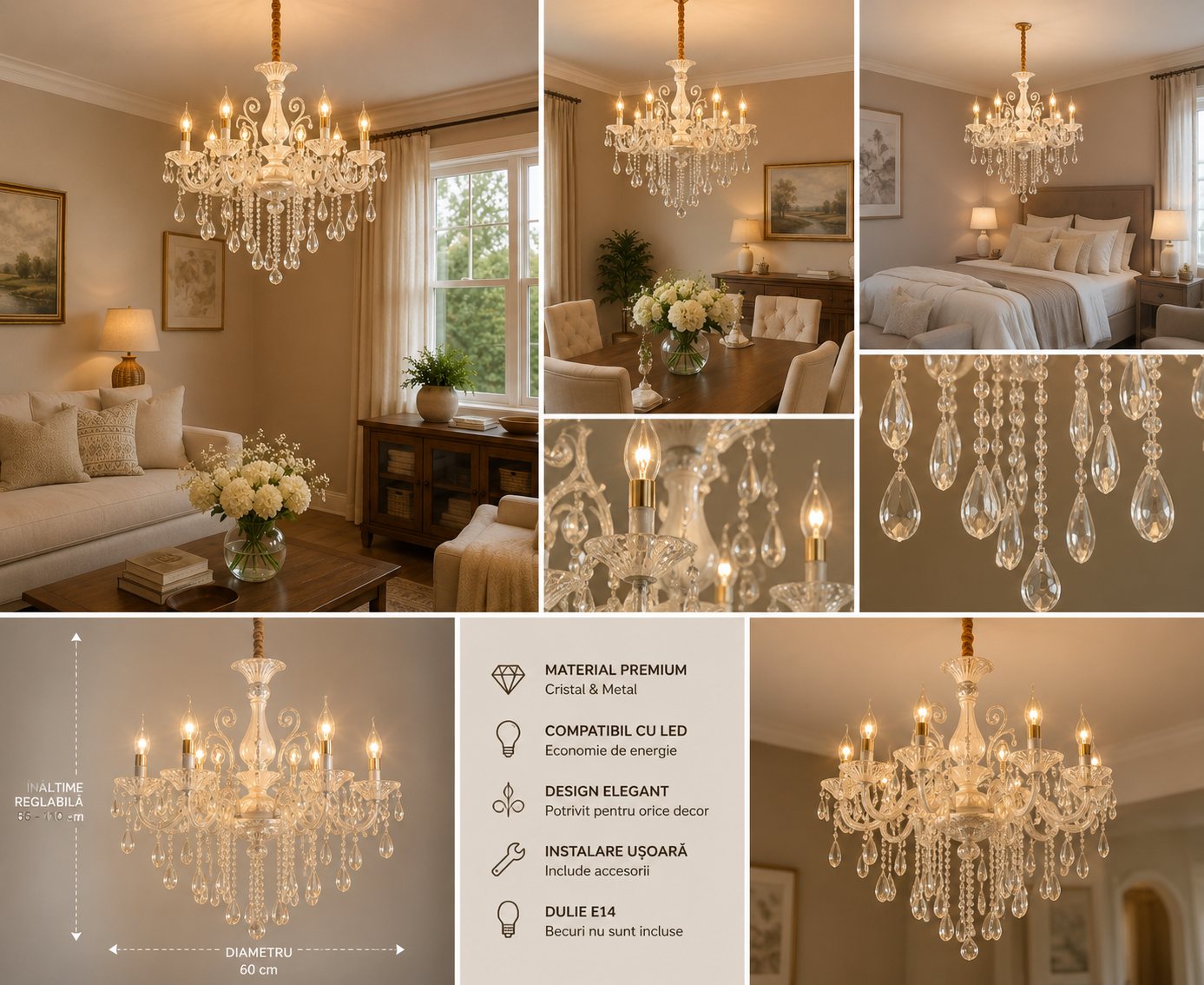 Candelabru Clasic cu Cristale, 8×E14, Ø74 cm, Finisaj Argintiu Elegant 2277/8
