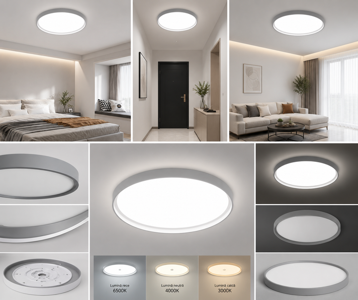 Plafoniera LED rotunda gri 30W, Ø300 mm, lumină reglabilă 3000K / 4500K / 6500K ML-007/300GRI
