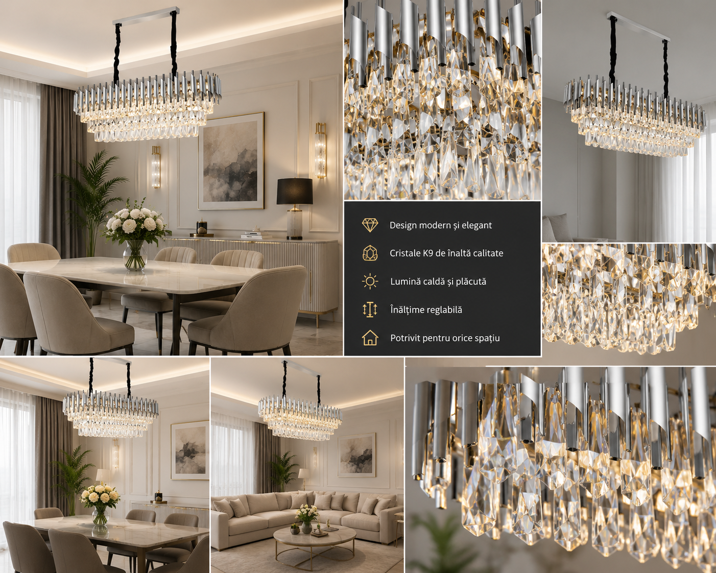 Candelabru rectangular 9001/800+300 CH, 8 x E27, dimensiuni 80×30 cm, finisaj argintiu și cristale