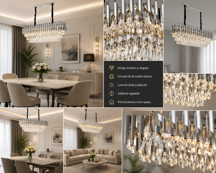 Candelabru rectangular 9001/800+300 CH, 8 x E27, dimensiuni 80×30 cm, finisaj argintiu și cristale