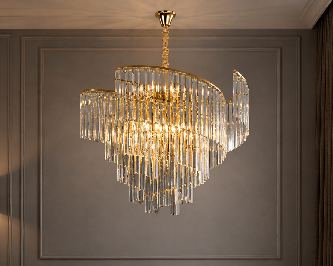 Candelabru Ø400×H380 mm, 5 becuri E27, design cu cristale lungi și structură aurie 98068/400
