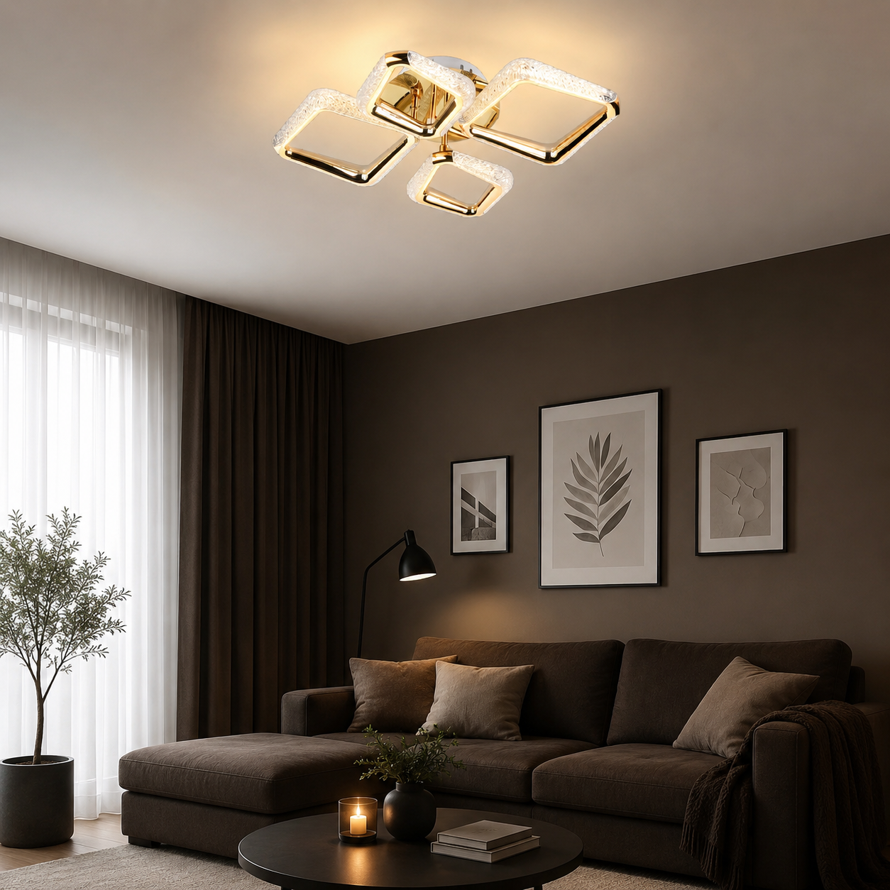 Lustra LED aurie cu patru pătrate și telecomandă – lumină reglabilă 3000–6500K, 60W  P013/2+2